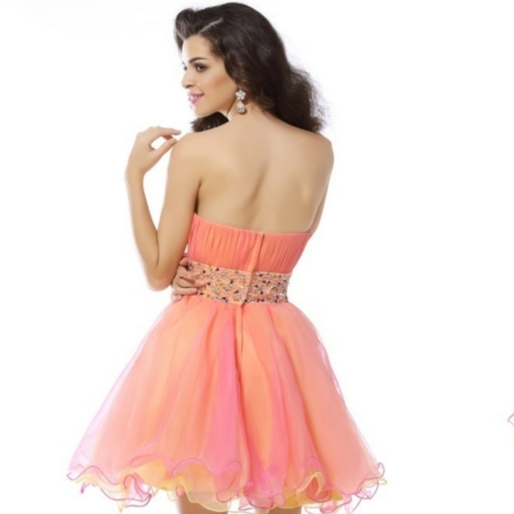 Size 4 Hannah S Coral Beaded Rhinestone Sequin Sparkly Mini Strapless Prom Dress